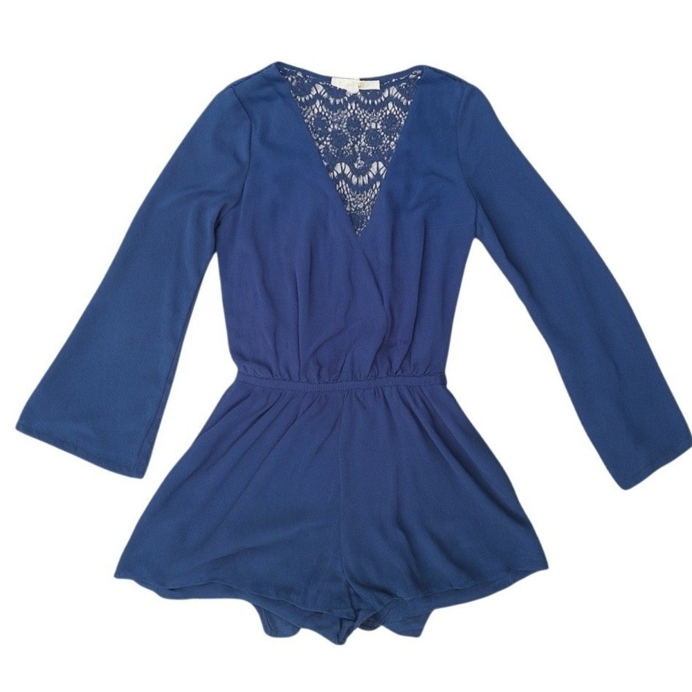 Altar'd State Romper Womens Small Navy Blue Lace Bell Sleeve Boho Jumpsuit Short